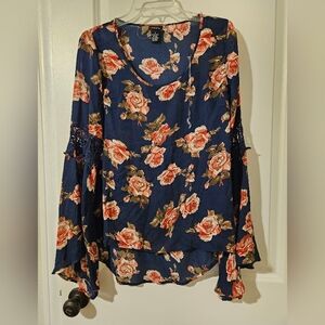 Rue21 Navy Floral Blouse with Bell Sleeves